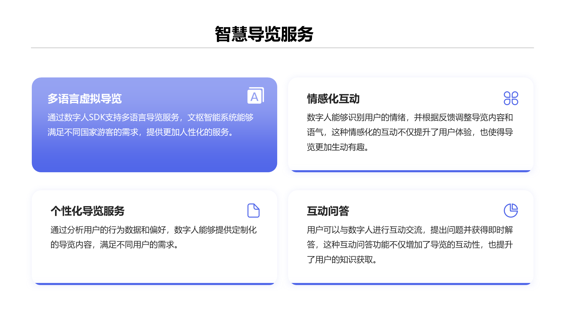 智慧导览服务 通过数字人SDK支持多语言导览服务，文枢智能系统能够满足不同国家游客的需求，提供更加人性化的服务。 多语言虚拟导览 数字人能够识别用户的情绪，并根据反馈调整导览内容和语气，这种情感化的互动不仅提升了用户体验，也使得导览更加生动有趣。 情感化互动 通过分析用户的行为数据和偏好，数字人能够提供定制化的导览内容，满足不同用户的需求。 个性化导览服务 用户可以与数字人进行互动交流，提出问题并获得即时解答，这种互动问答功能不仅增加了导览的互动性，也提升了用户的知识获取。 互动问答