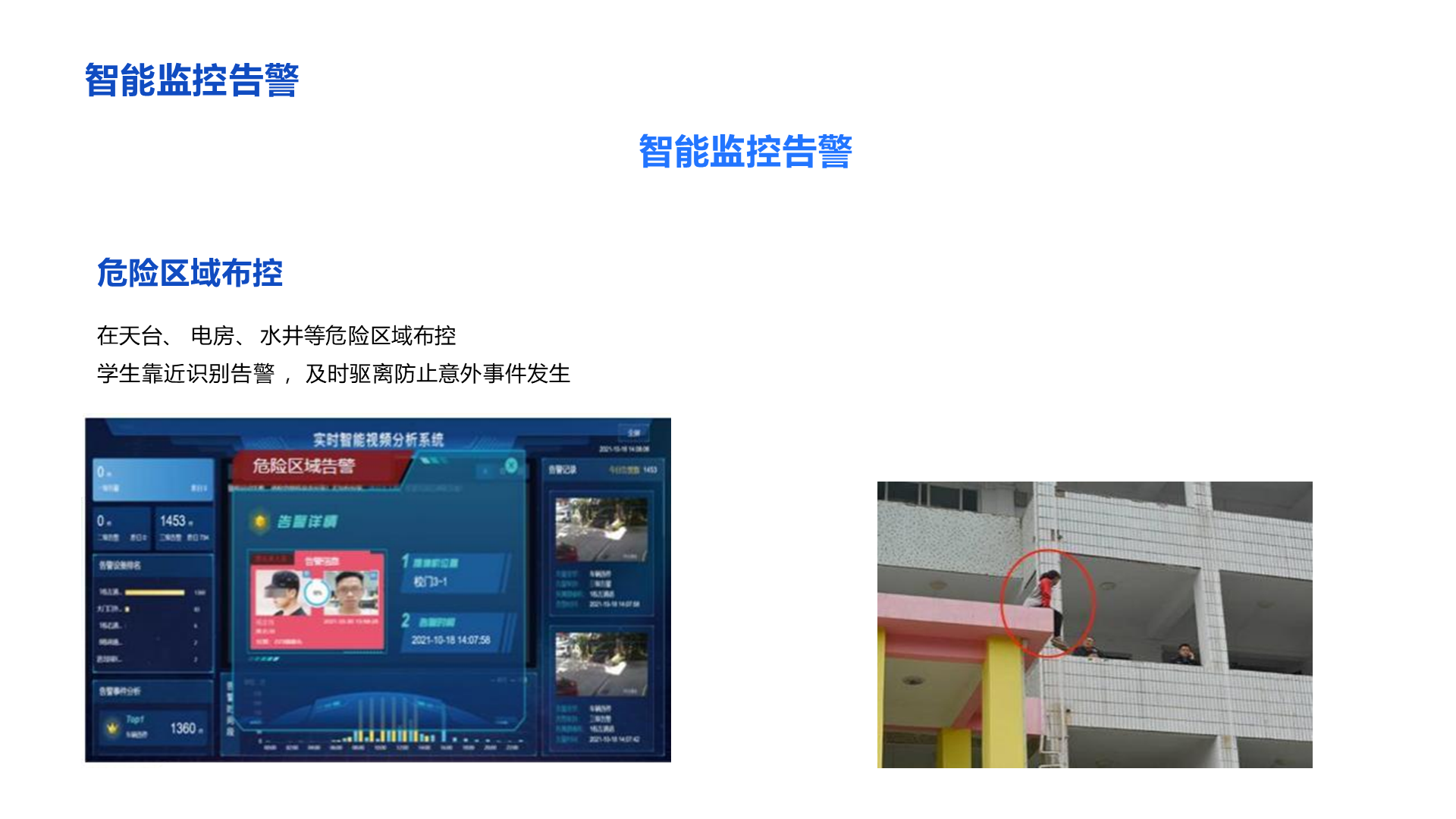 智能监控告警 智能监控告警 危险区域布控 在天台、 电房、 水井等危险区域布控 学生靠近识别告警 ，及时驱离防止意外事件发生