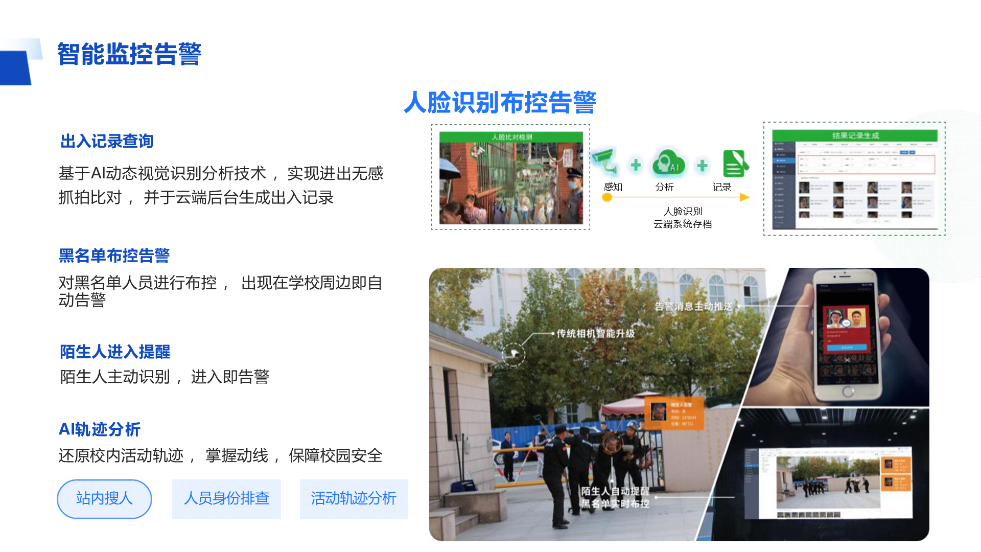 出入记录查询 基于AI动态视觉识别分析技术 ，实现进出无感 抓拍比对 ， 并于云端后台生成出入记录 黑名单布控告警 对黑名单人员进行布控 ， 出现在学校周边即自动告警 陌生人进入提醒 陌生人主动识别 ，进入即告警 AI轨迹分析 还原校内活动轨迹 ， 掌握动线 ，保障校园安全 智能监控告警 人脸识别布控告警 活动轨迹分析 人员身份排查 站内搜人 感知 分析 记录 人脸识别 云端系统存档