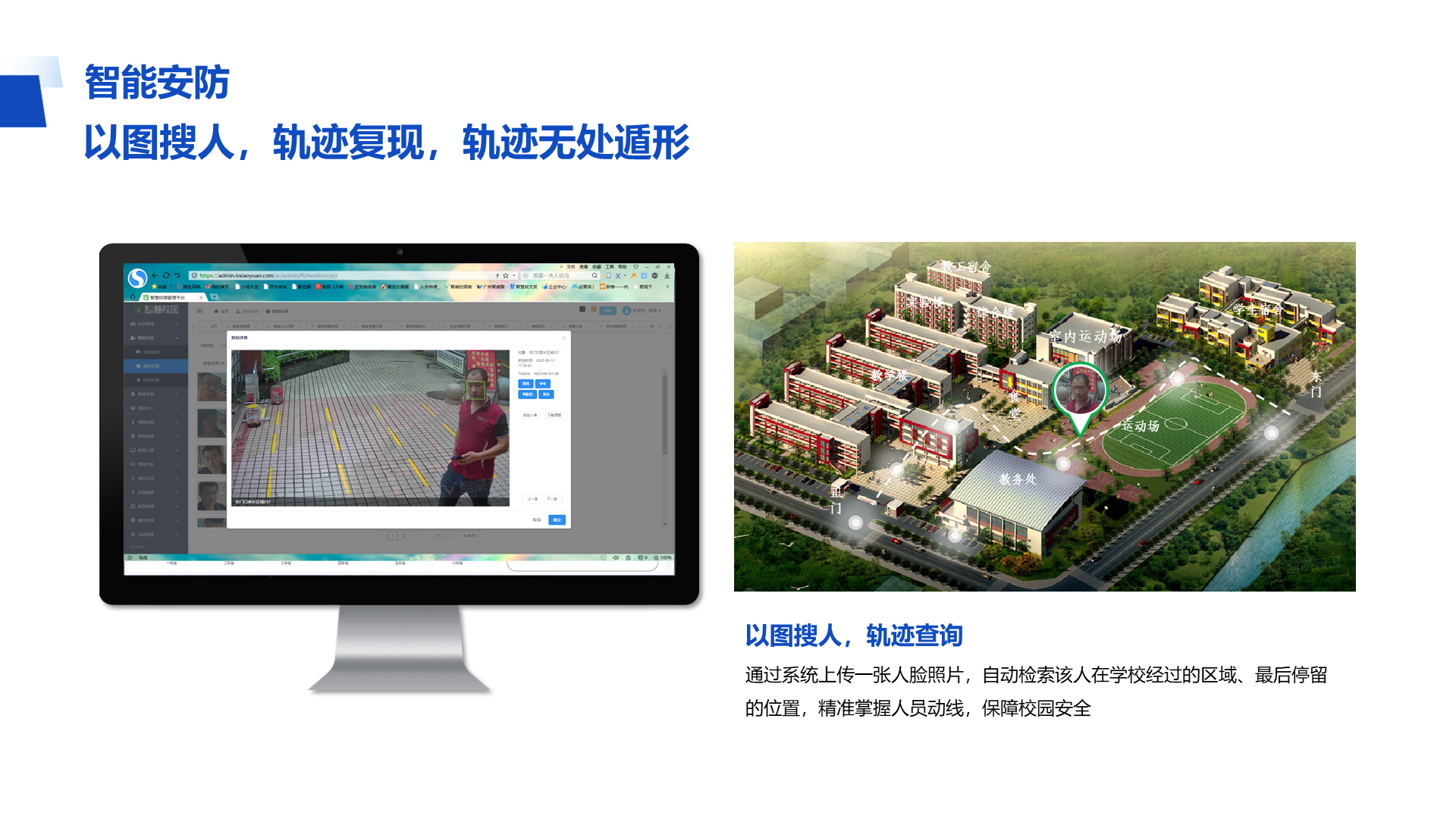 智能安防 以图搜人，轨迹复现，轨迹无处遁形 以图搜人，轨迹查询 通过系统上传一张人脸照片，自动检索该人在学校经过的区域、最后停留的位置，精准掌握人员动线，保障校园安全