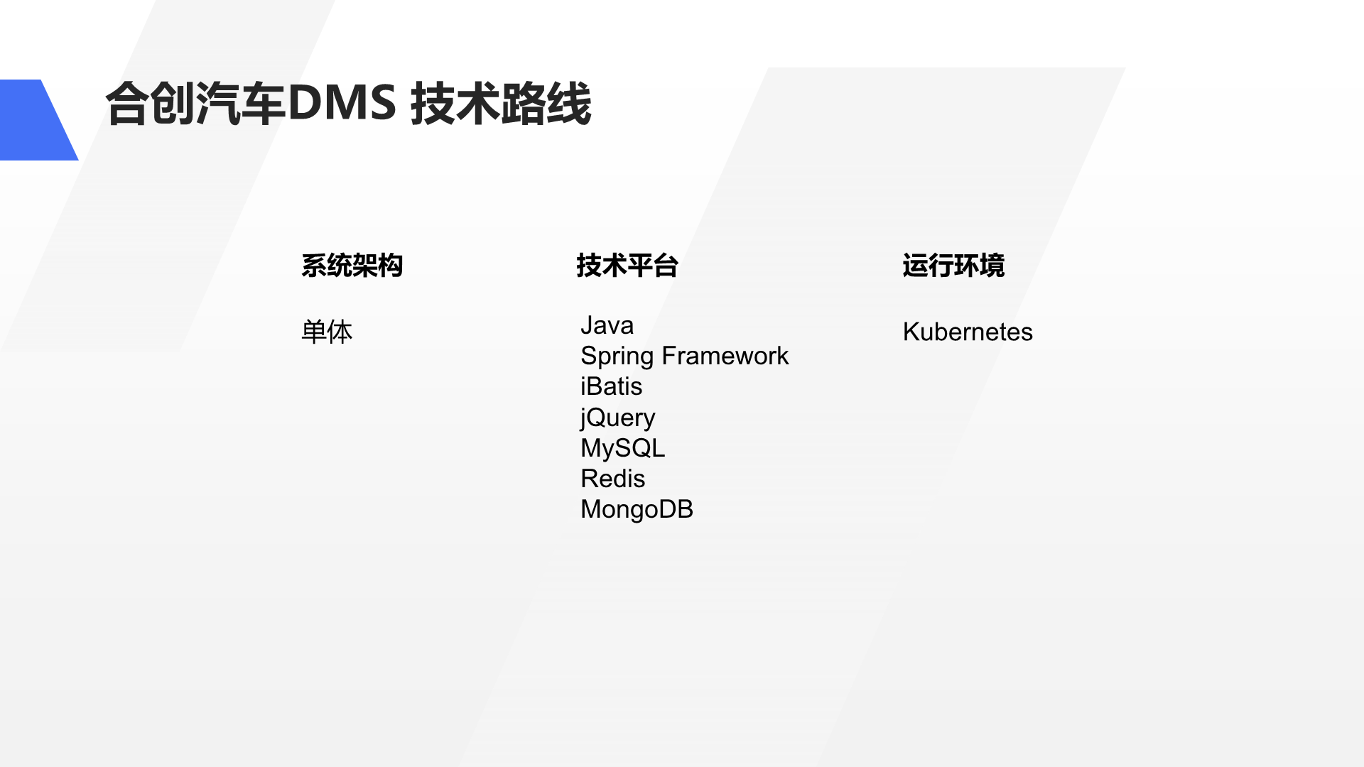 合创汽车DMS 技术路线 单体 Java Spring Framework iBatis jQuery MySQL Redis MongoDB Kubernetes 系统架构 技术平台 运行环境