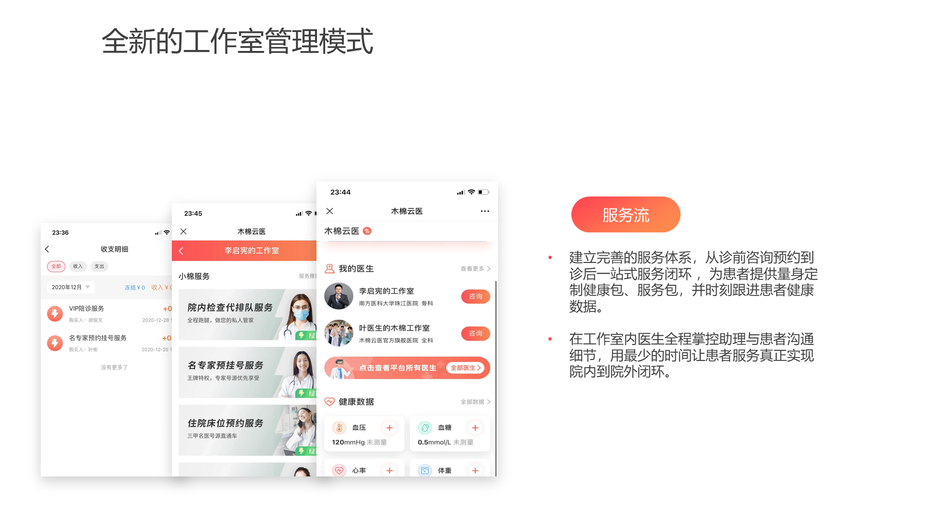 全新的工作室管理模式 建立完善的服务体系，从诊前咨询预约到诊后一站式服务闭环 ，为患者提供量身定制健康包、服务包，并时刻跟进患者健康数据。 在工作室内医生全程掌控助理与患者沟通细节，用最少的时间让患者服务真正实现院内到院外闭环。 服务流
