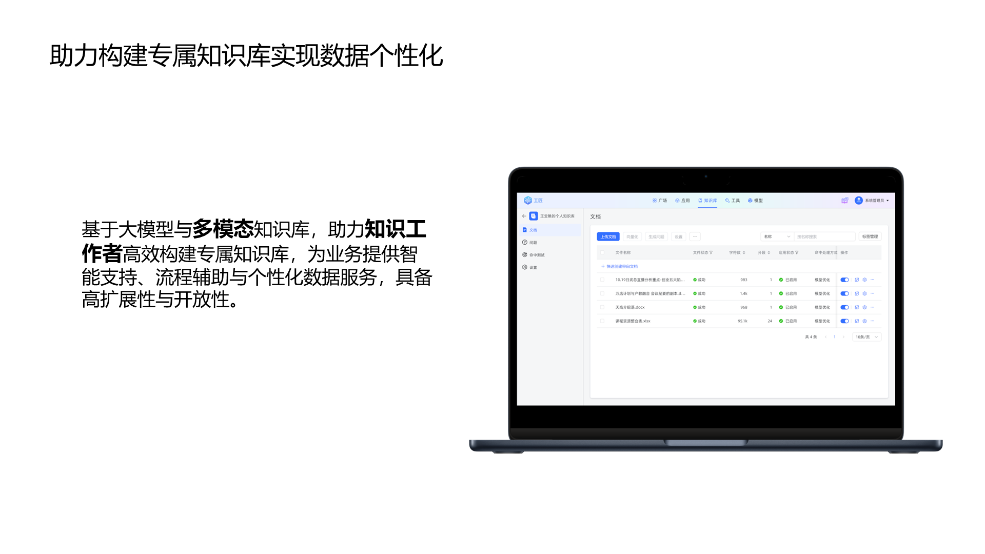 助力构建专属知识库实现数据个性化 基于大模型与多模态知识库，助力知识工作者高效构建专属知识库，为业务提供智能支持、流程辅助与个性化数据服务，具备高扩展性与开放性。