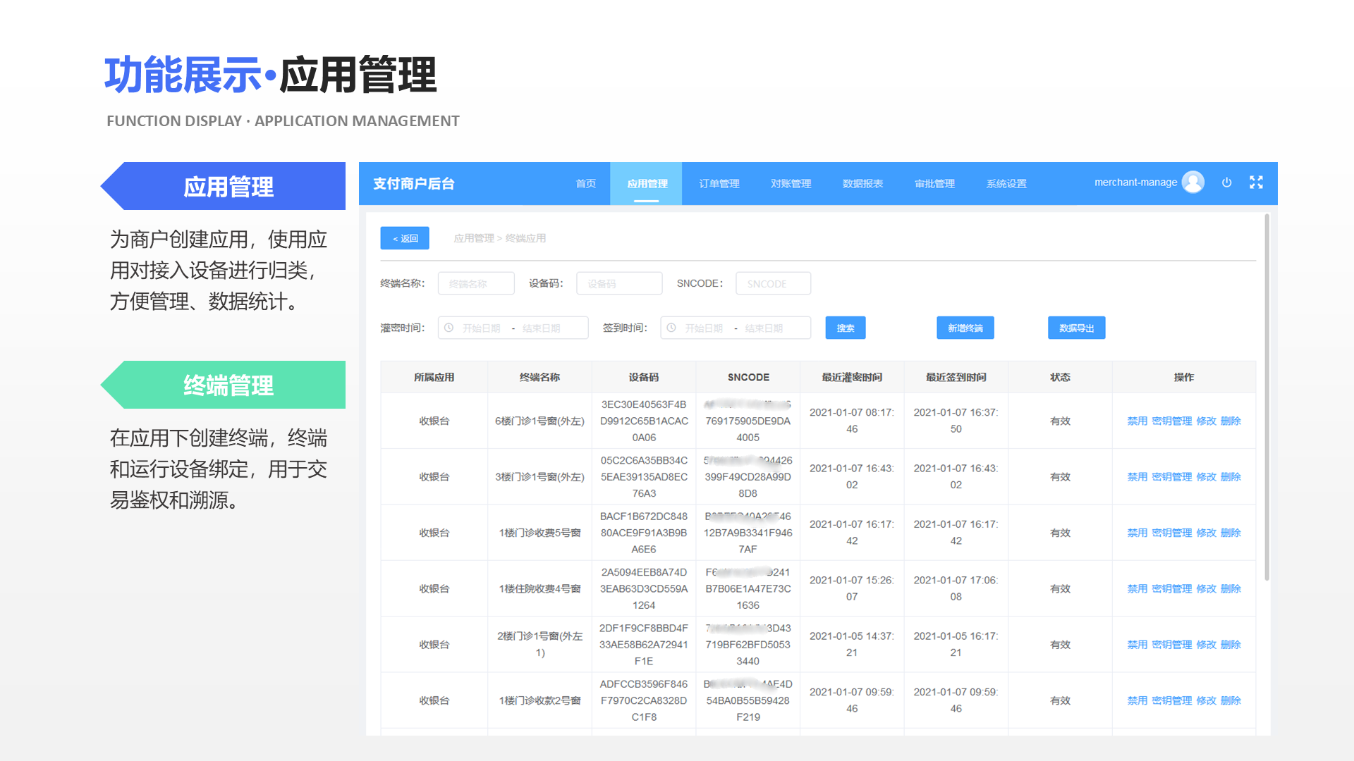 应用管理 为商户创建应用，使用应用对接入设备进行归类，方便管理、数据统计。 终端管理 在应用下创建终端，终端和运行设备绑定，用于交易鉴权和溯源。 功能展示&middot;应用管理 Function display &middot; Application management