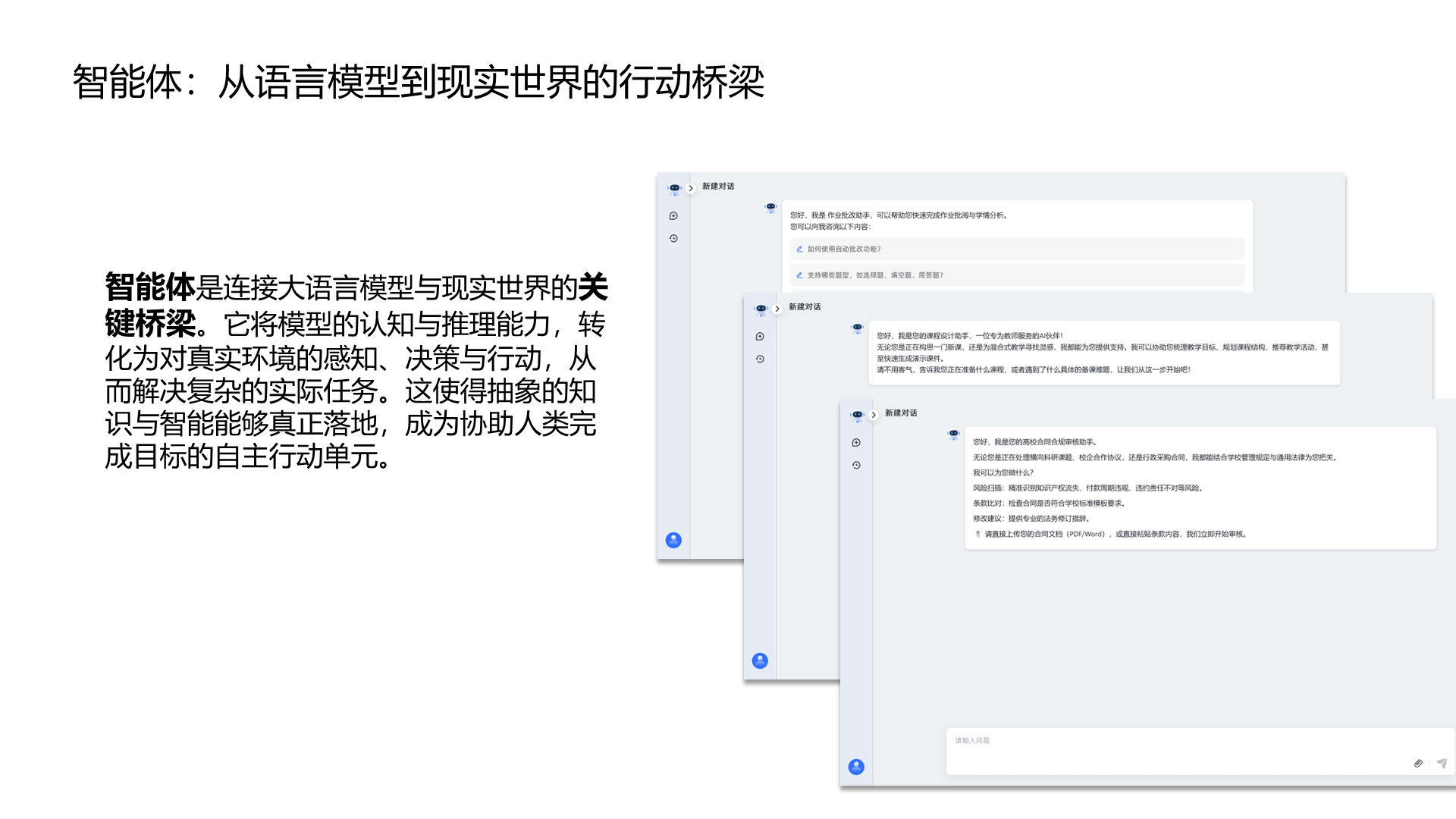 智能体：从语言模型到现实世界的行动桥梁 智能体是连接大语言模型与现实世界的关键桥梁。它将模型的认知与推理能力，转化为对真实环境的感知、决策与行动，从而解决复杂的实际任务。这使得抽象的知识与智能能够真正落地，成为协助人类完成目标的自主行动单元。