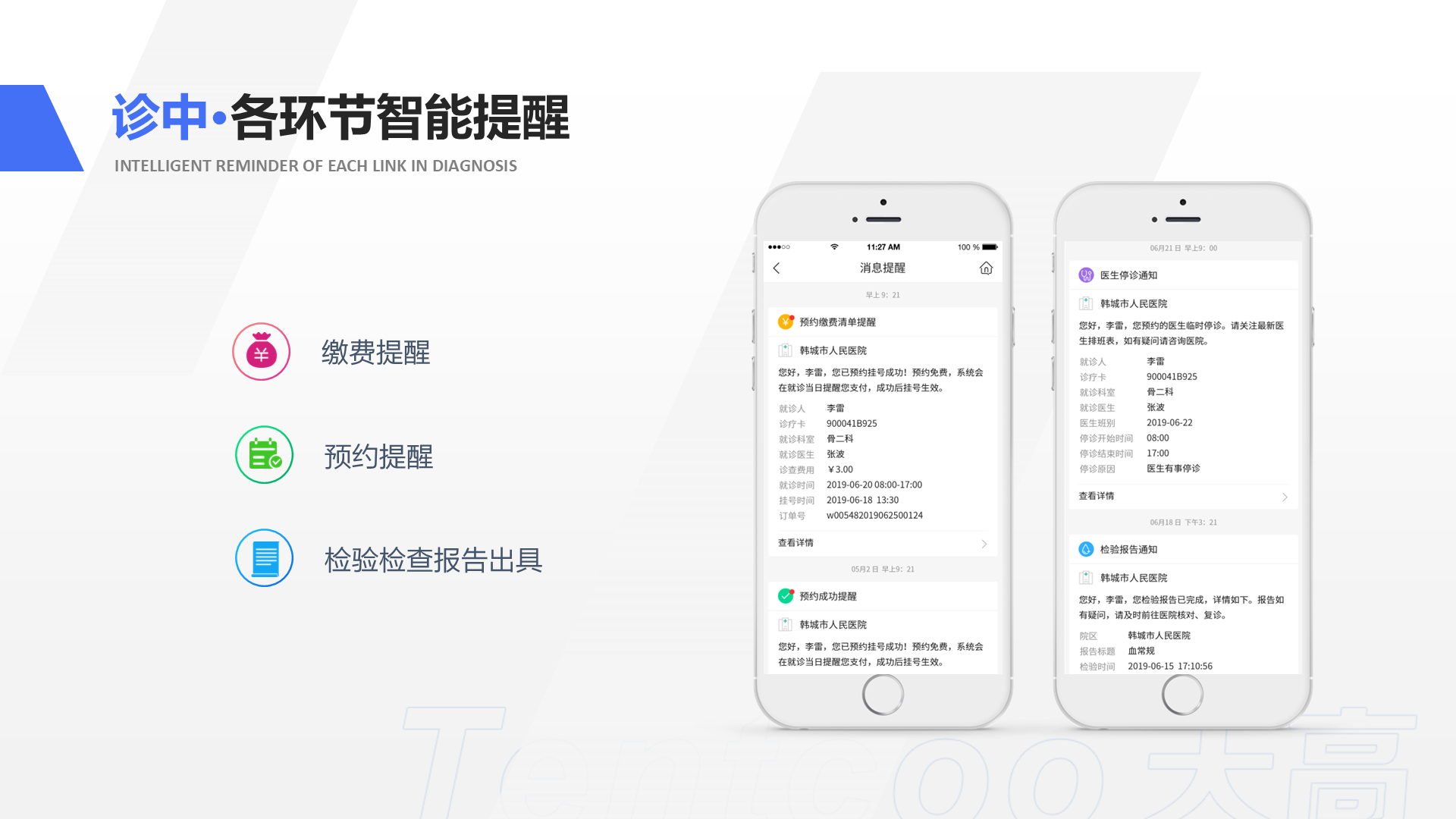 预约提醒 缴费提醒 检验检查报告出具 诊中&middot;各环节智能提醒 Intelligent reminder of each link in diagnosis
